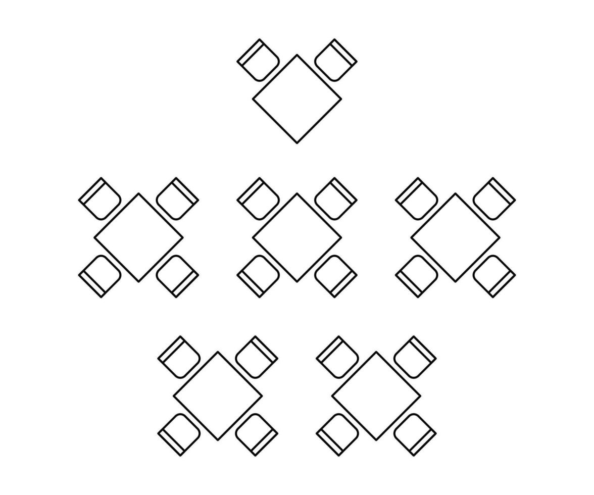 Plan for arranging seats and tables in interior square on event banquet, layout graphic outline elements. Chairs and tables signs in scheme architectural plan. Furniture, top view. Vector line