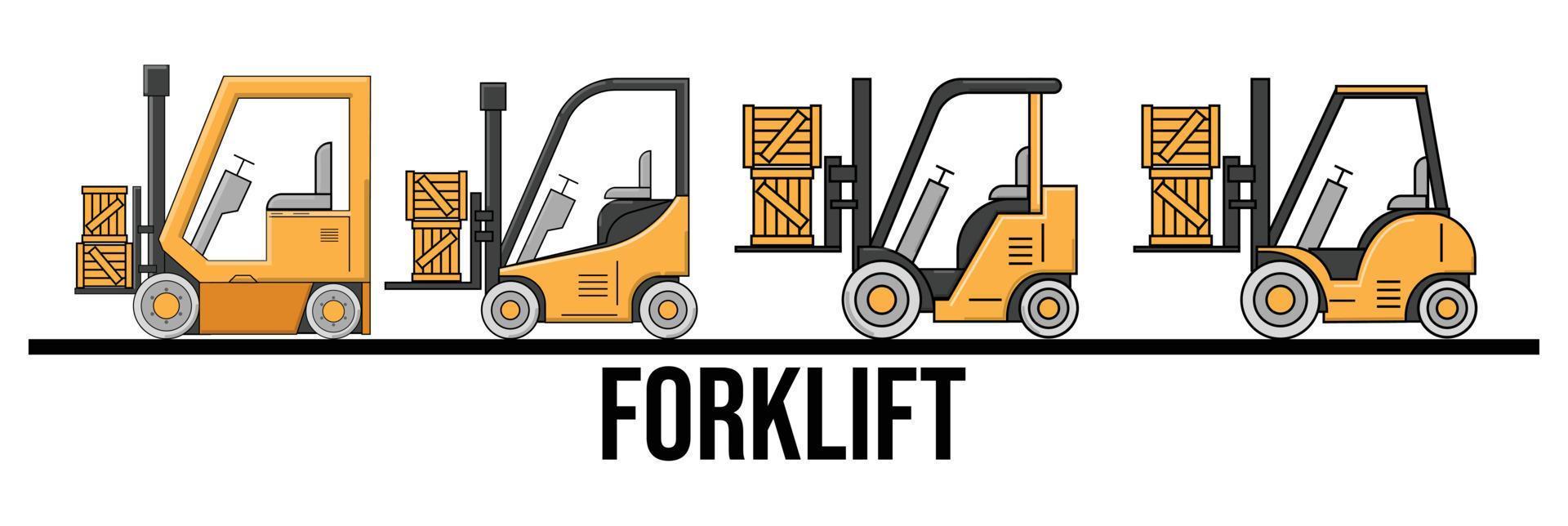 collection of Yellow forklift truck isolated on white background. Forklift unloads the pallets with boxes. Delivery, logistic and shipping cargo set bundle vector