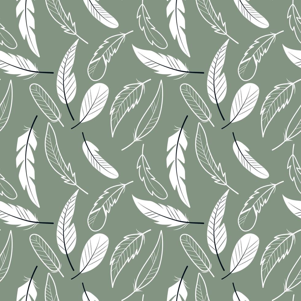 Vector pattern with white feathers on a gray-green background