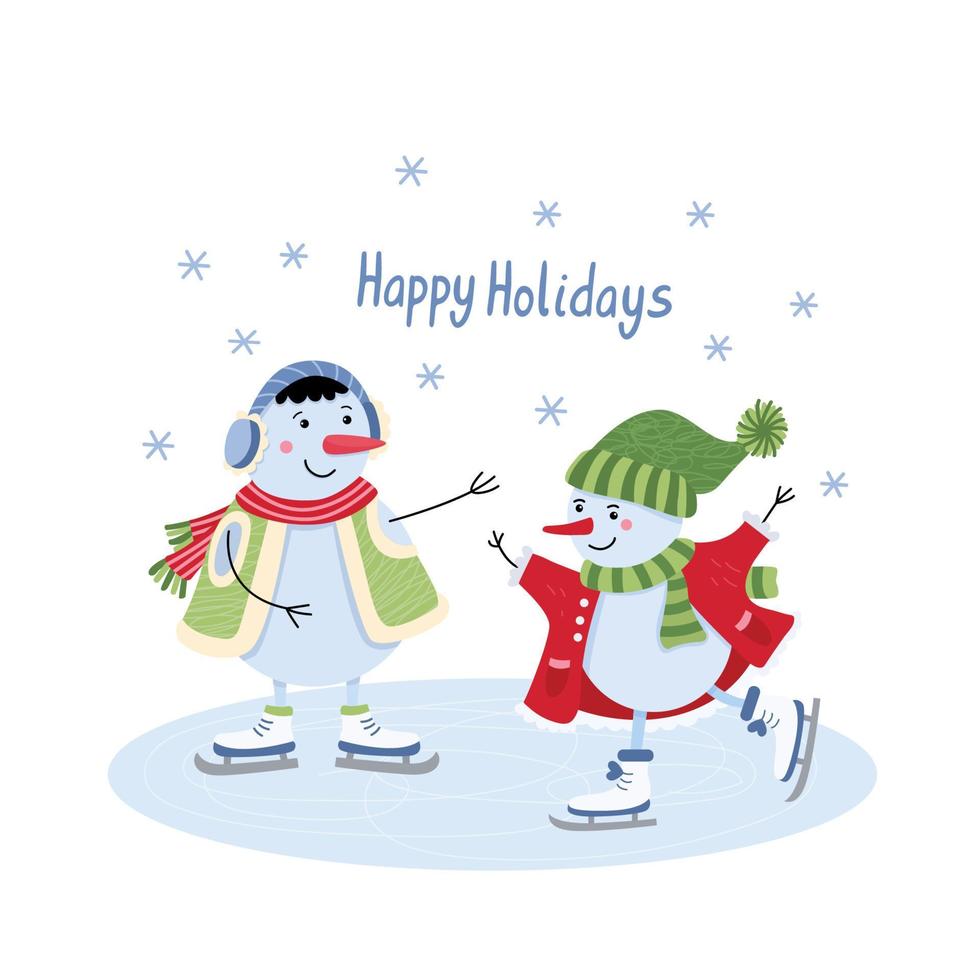 tarjeta de felicitación de felices fiestas. lindos muñecos de nieve patinando. personajes divertidos diversión de invierno, deporte y recreación. ilustración plana vectorial aislada en blanco. colores verde, azul y rojo. vector