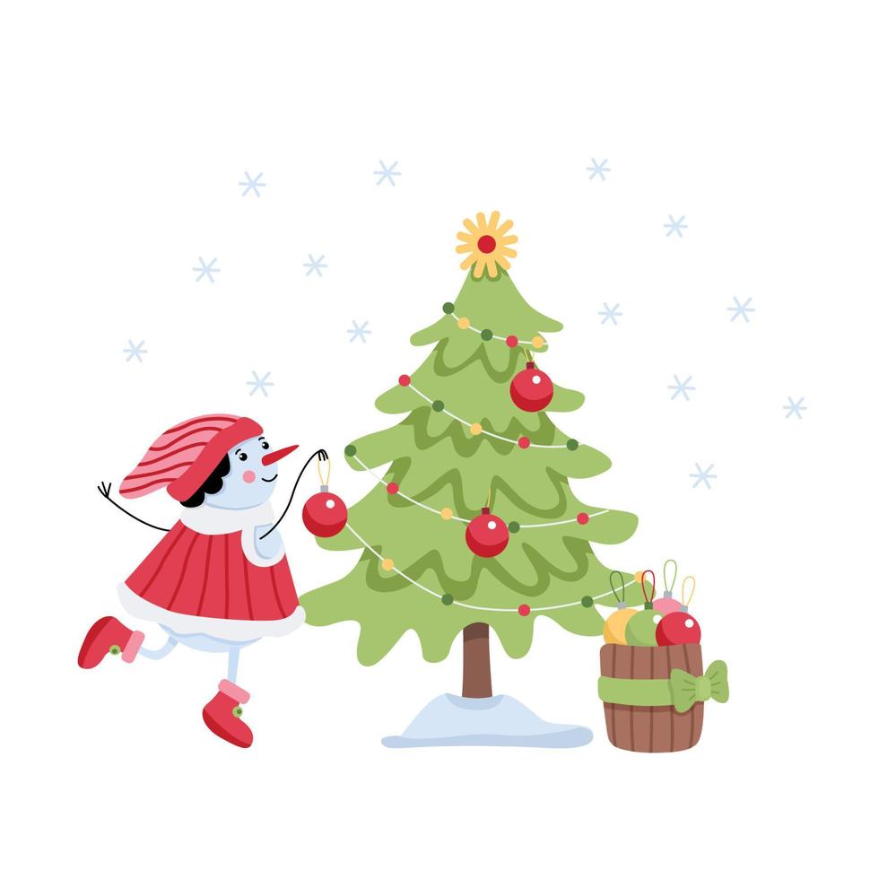 muñeco de nieve decorando arbol de navidad. ilustración vectorial plana aislada en blanco. ideal para tarjetas de felicitación de navidad y año nuevo. diseño de invierno. colores verde, rojo y amarillo vector