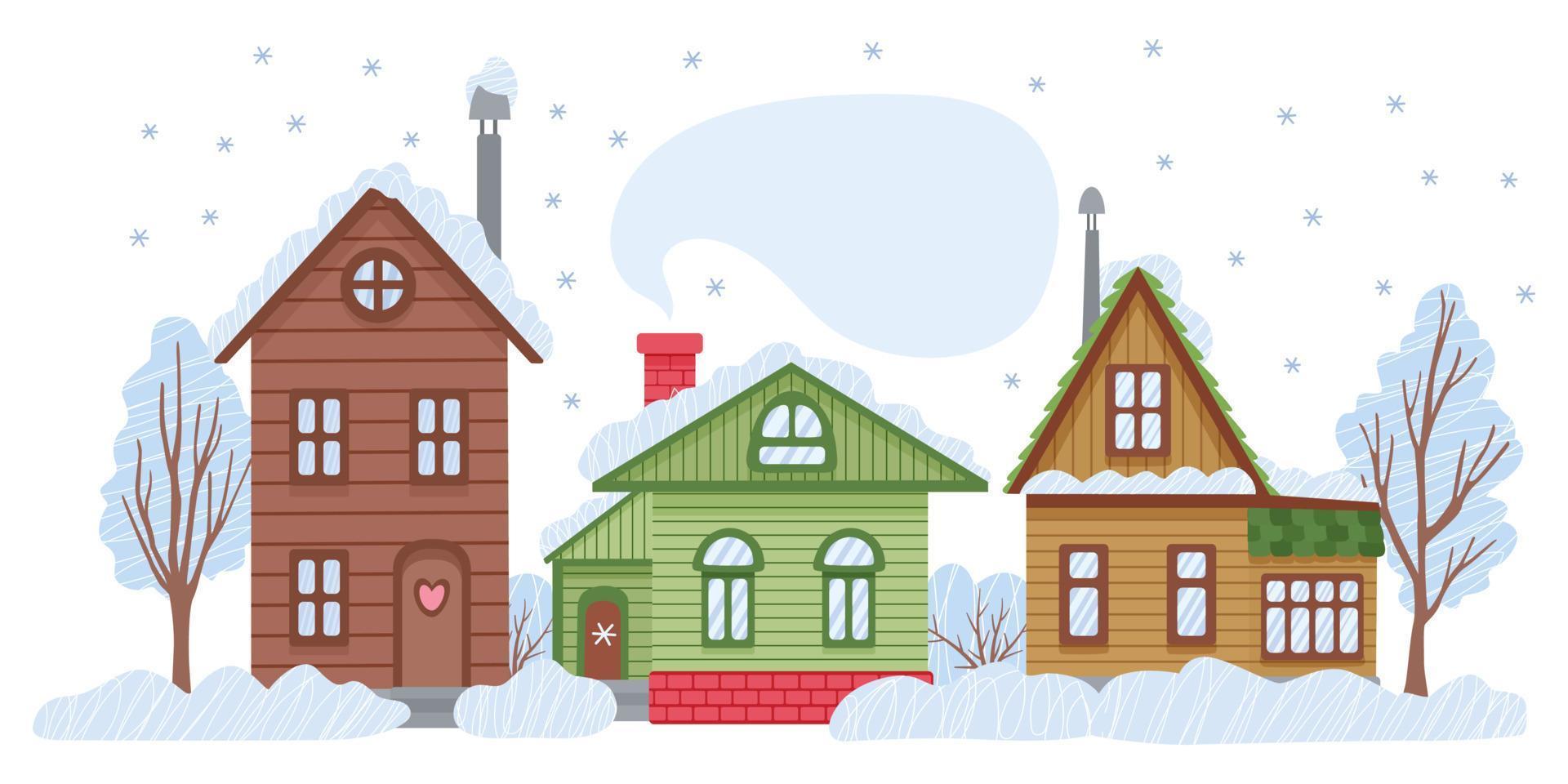 ciudad de invierno. acogedoras casas rodeadas de árboles y ventisqueros. paisaje de campo de día nevado. ilustración plana vectorial aislada en blanco. ideal para tarjetas de navidad, carteles. diseño plano. vector