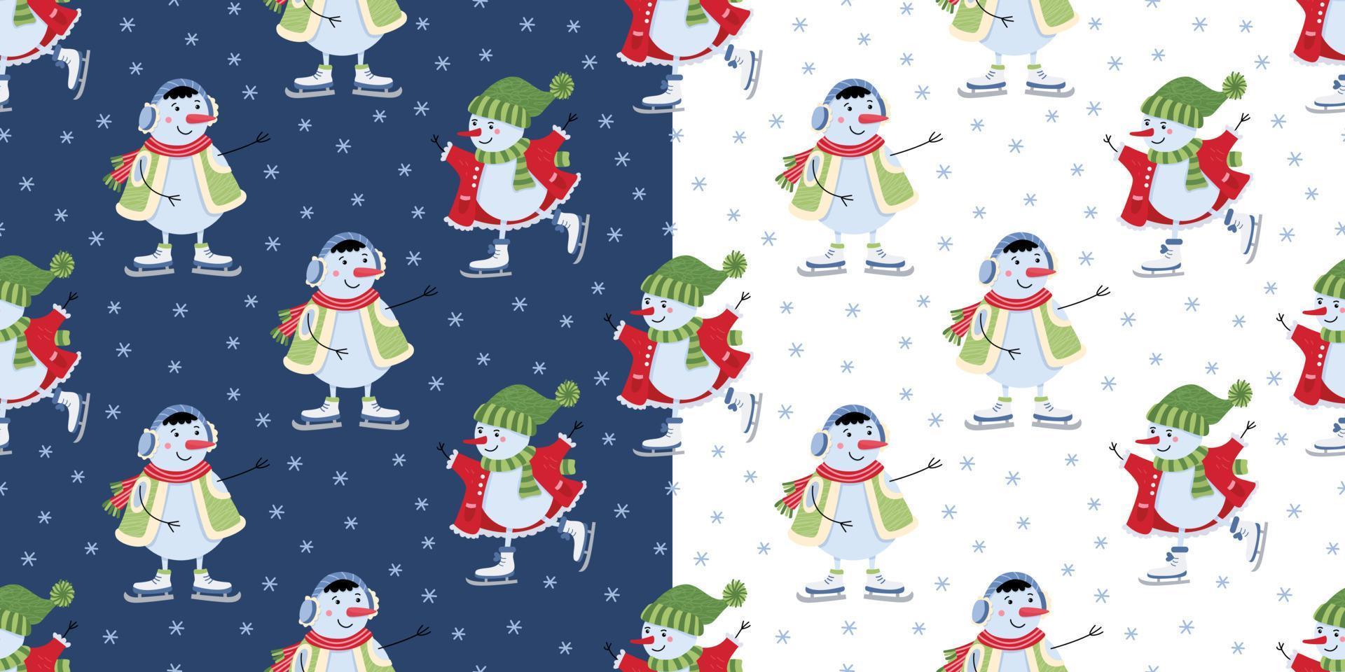 dos patrones impecables con muñecos de nieve patinando sobre fondos blancos y azules. ilustración plana vectorial. genial para telas, papel de envolver, diseño navideño vector