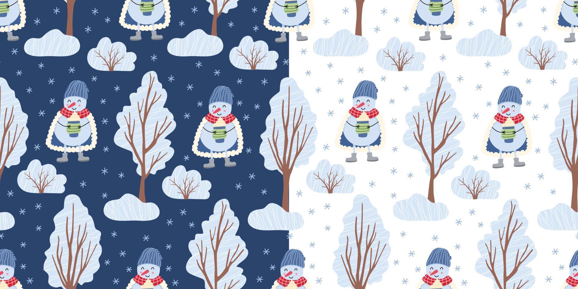 dos patrones sin fisuras con muñecos de nieve y árboles de invierno sobre fondos blancos y azules. ilustración plana vectorial. ideal para telas, papel de envolver, diseño navideño. vector