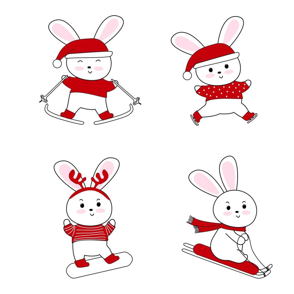 Cute white rabbits with winter sports. Skiing Rabbit in Winter Landscape.Cute Bunny snowboarding, ice skating, riding a sled.For calendars, t-shirts, banners, stickers, flyers, posters, books vector