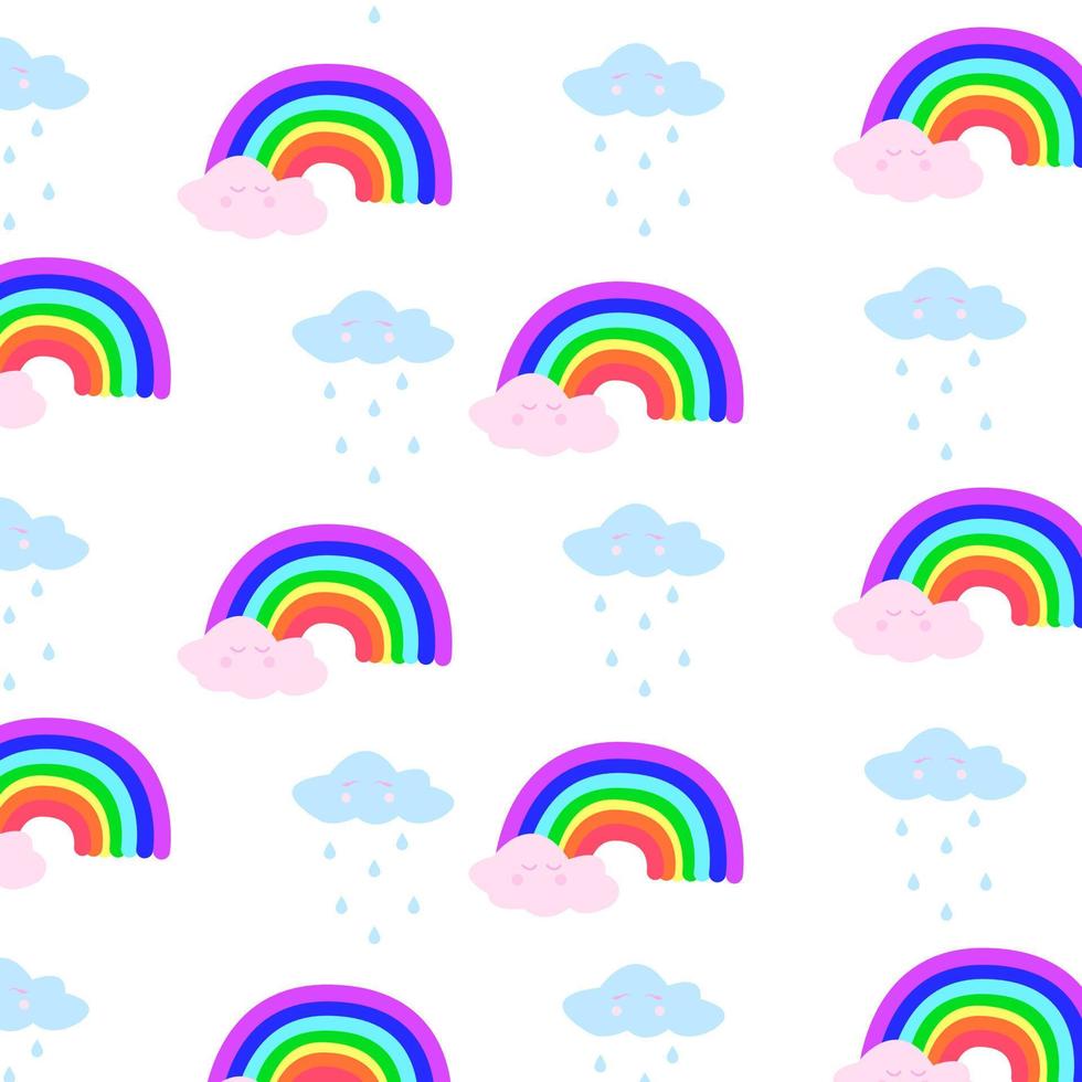 patrón vectorial dibujado a mano sin costuras con arco iris y nubes sobre fondo blanco. diseño para impresión, tela, papel tapiz, ilustración card.vector vector