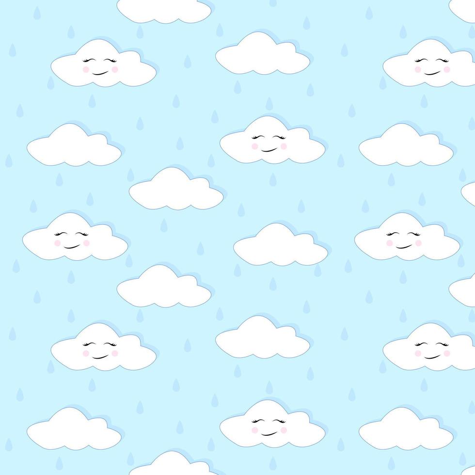 Cute Cartoon Face Cloud Seamless Pattern with rain drops.Blue background.Vector illustration vector