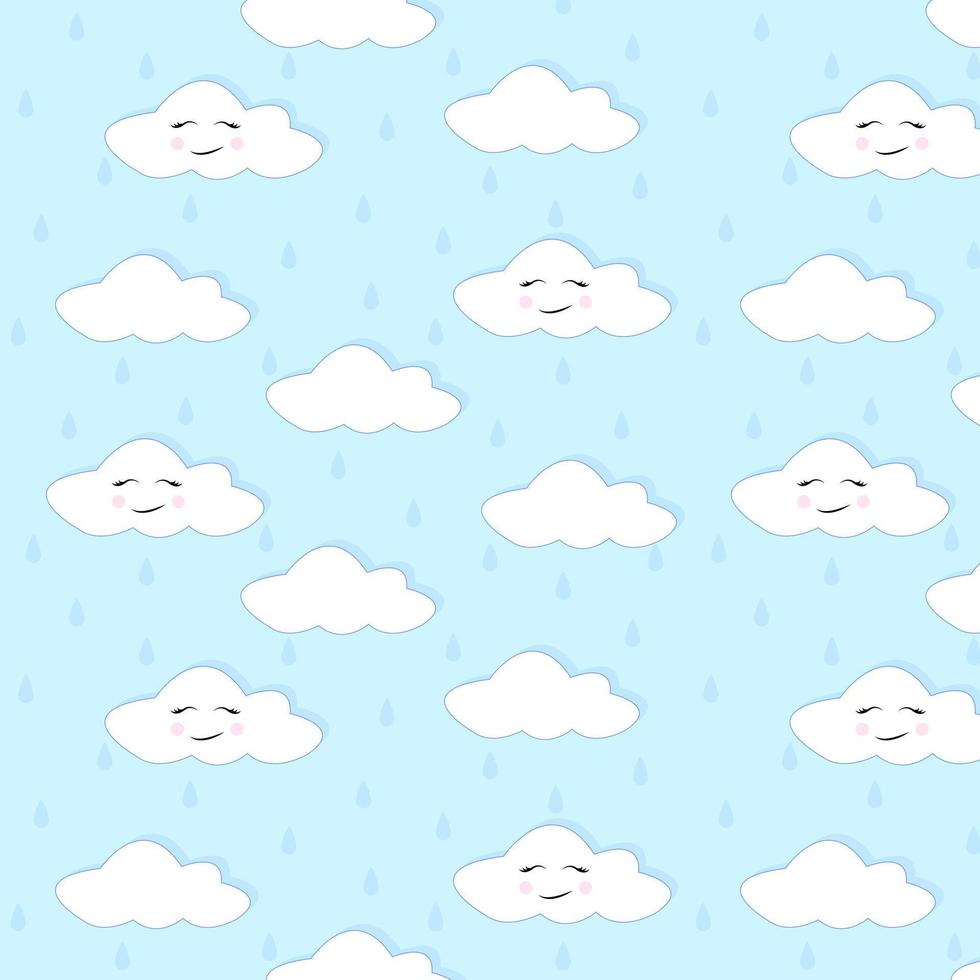 Cute Cartoon Face Cloud Seamless Pattern with rain drops.Blue background.Vector illustration vector