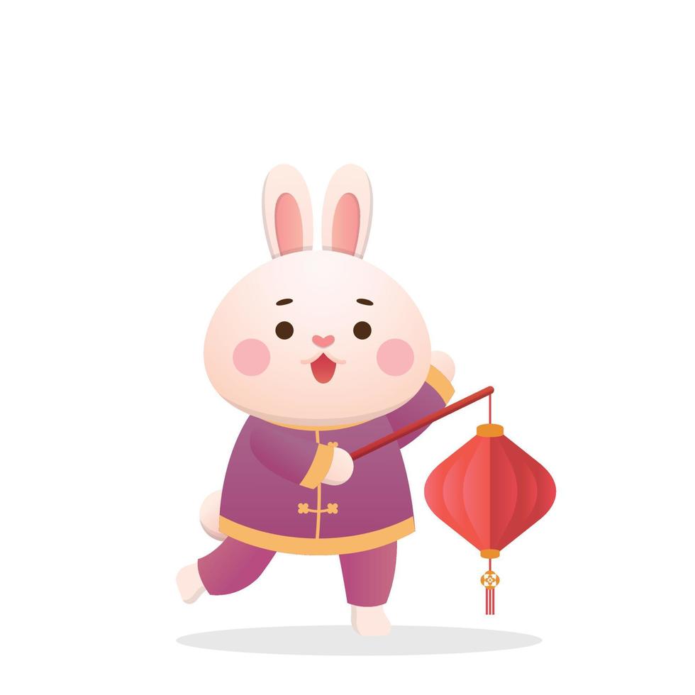 lindo personaje de conejo o mascota con farolillo rojo, año nuevo chino o festival de farolillos o solsticio de invierno, festival tradicional y cultura en asia vector