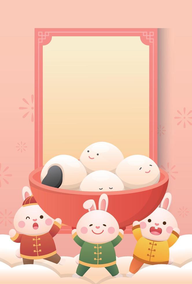 Cute rabbit character or mascot, Lantern Festival or Winter Solstice with glutinous rice balls, glutinous rice sweet food in Asia, poster design with border vector