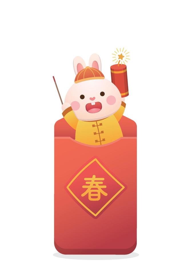 Poster for Chinese New Year, cute rabbit character or mascot with red paper bag or red envelope with tangerine vector