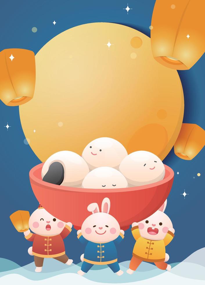 Cute rabbit character or mascot, Lantern Festival or Winter Solstice with glutinous rice balls, glutinous rice sweet food in Asia, sky lantern and moon, poster in vertical style vector