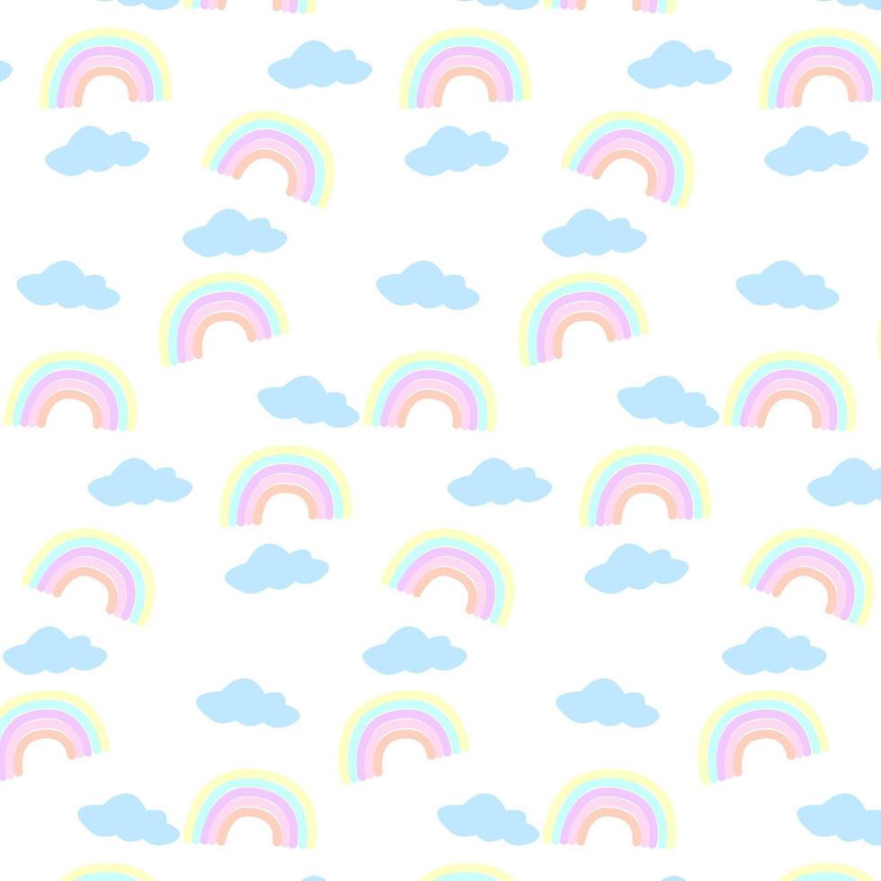 Colorful rainbow seamless pattern with clouds isolated white background. Hand drawn texture for fabric, wrapping, textile, wallpaper, apparel. Vector illustration