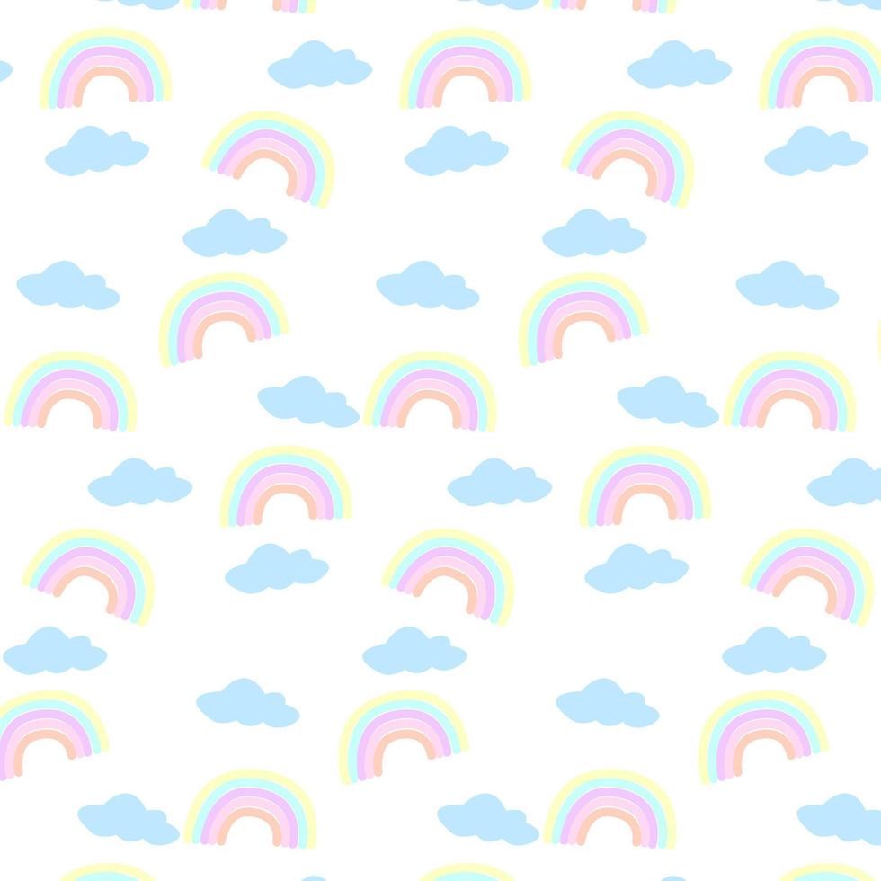 colorido arco iris de patrones sin fisuras con nubes fondo blanco aislado. textura dibujada a mano para tela, envoltura, textil, papel pintado, ropa. ilustración vectorial vector