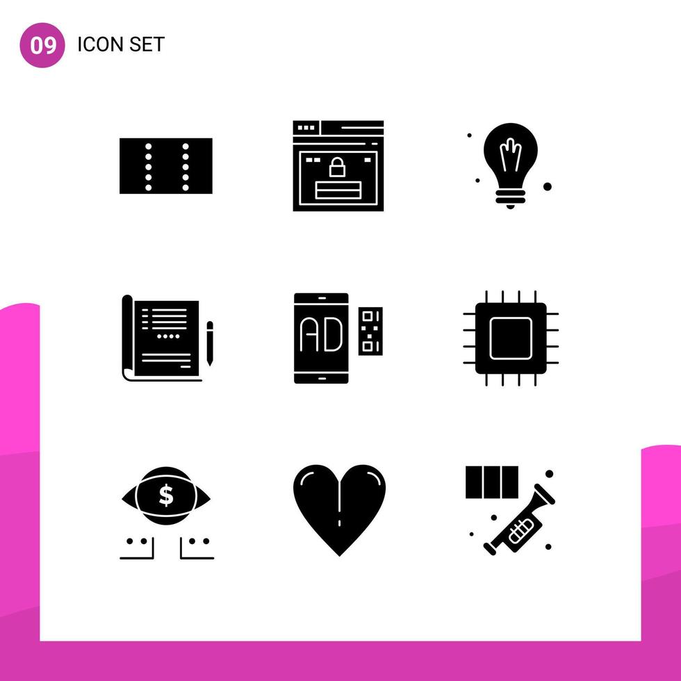 Mobile Interface Solid Glyph Set of 9 Pictograms of message advertising idea ad medical Editable Vector Design Elements