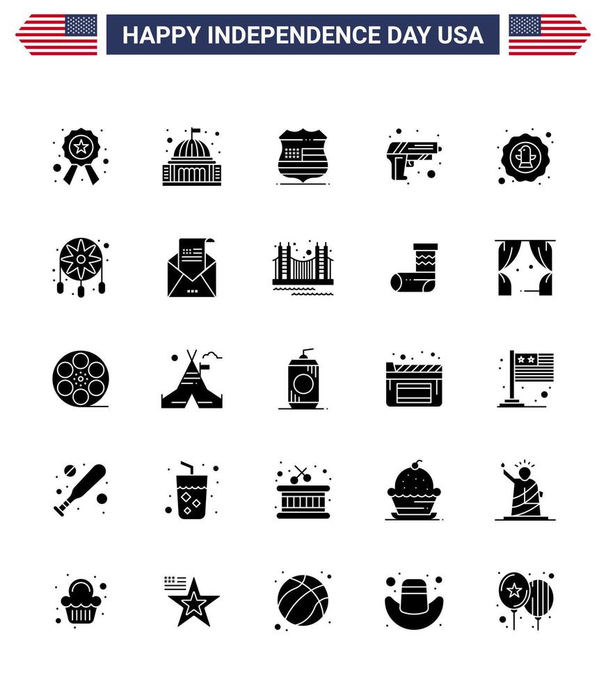 Solid Glyph Pack of 25 USA Independence Day Symbols of american army white security security Editable USA Day Vector Design Elements