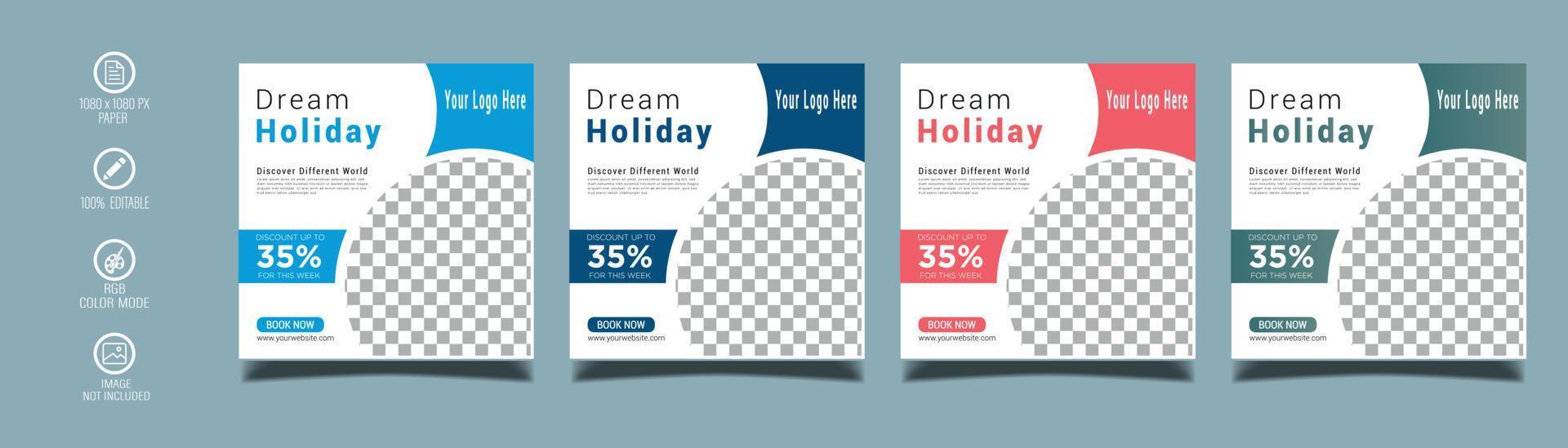 Holiday travel, traveling or summer beach travelling social media post or web banner template design. Tourism business marketing flyer or poster with abstract digital background, logo and icon. vector