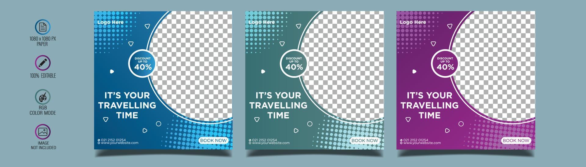 Holiday travel, traveling or summer beach travelling social media post or web banner template design. Tourism business marketing flyer or poster with abstract digital background, logo and icon. vector