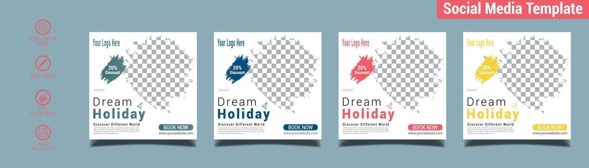 Holiday travel, traveling or summer beach travelling social media post or web banner template design. Tourism business marketing flyer or poster with abstract digital background, logo and icon. vector