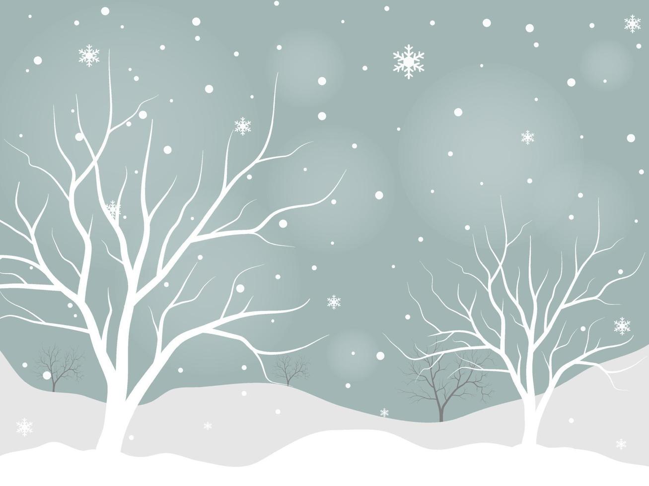 White tree forest background and snowing for winter season concept. Hand drawn isolated illustrations. vector