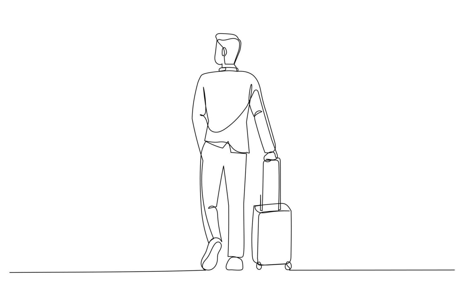 Cartoon of businessman in suit dragging suitcase luggage bag in the airport. One line art style vector