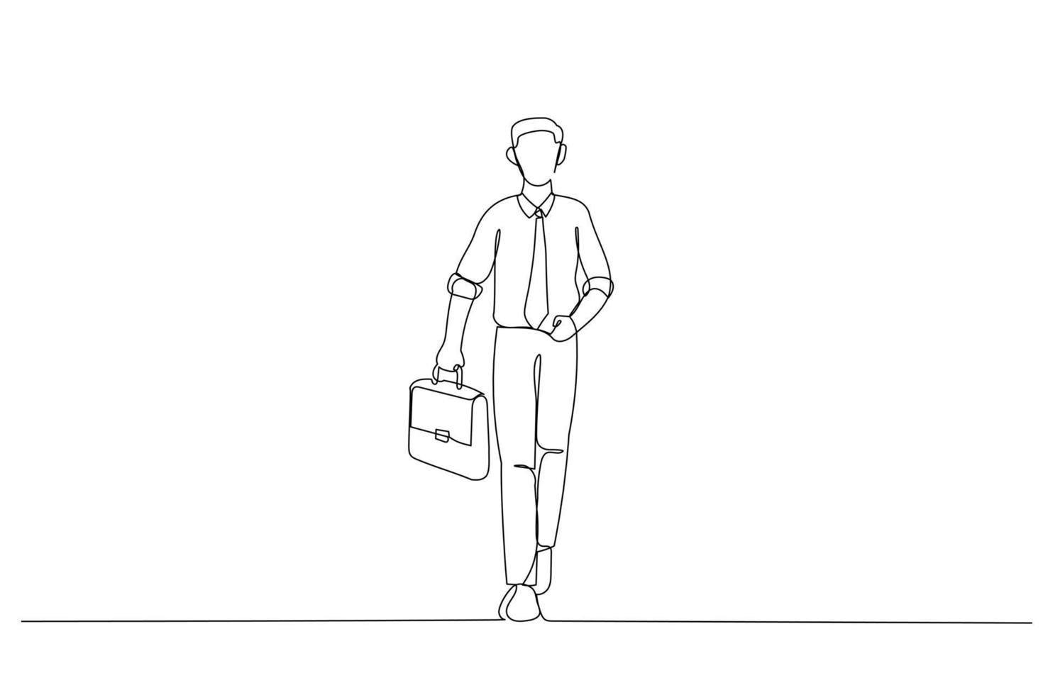 Drawing of businessman go walk hold suitcase. Continuous line art style vector