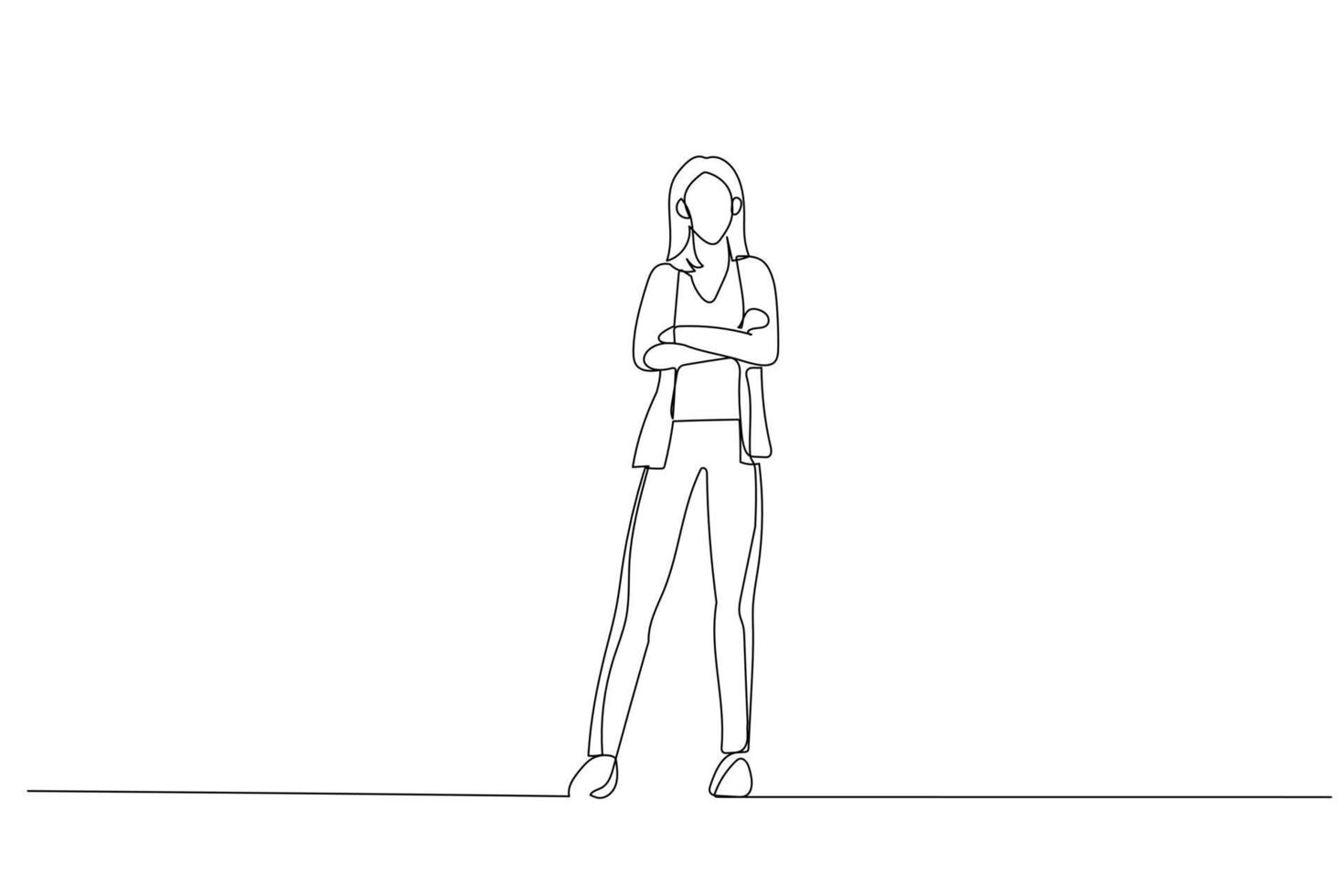 Drawing of businesswoman stand with folded arms wear clothes. Single continuous line art style vector
