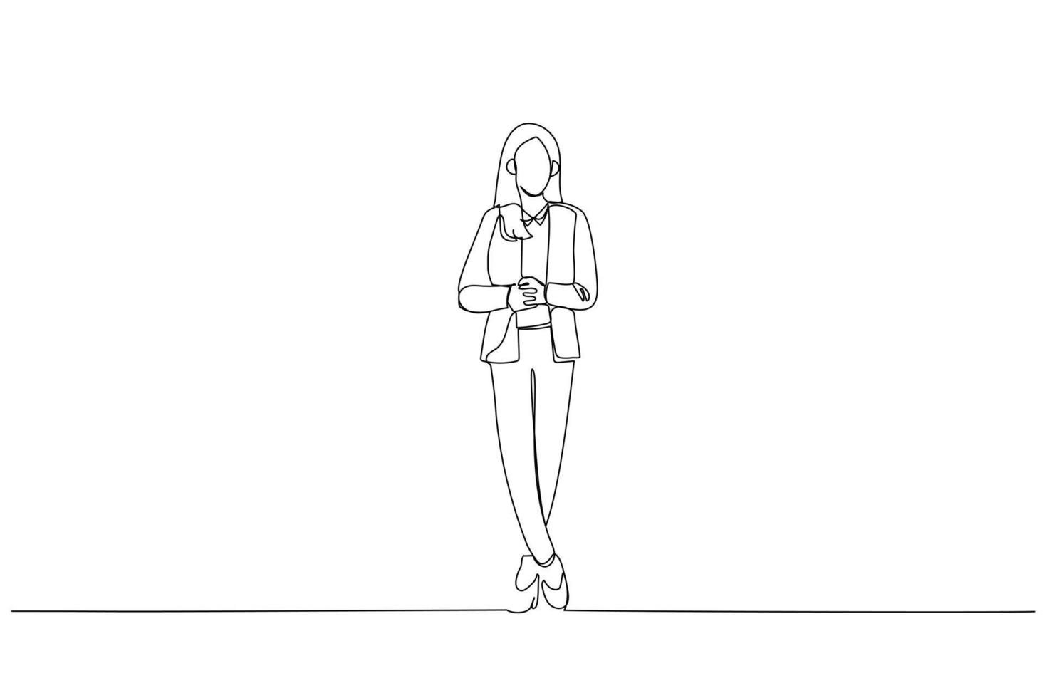 Cartoon of attractive businesswoman in suit posing while standing with arms crossed and looking at camera. One line art style vector
