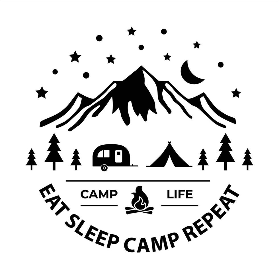 Slogans or quotes decorated with travel and adventure elements - backpack, mountain, camping tent, forest trees. Creative vector illustration in black and white colors