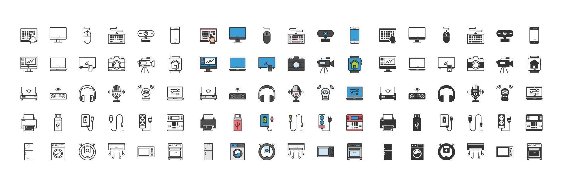 diseño de símbolo de icono de dispositivos electrónicos domésticos conjunto simple para usar en infografías de logotipo de informe de gráficos web. colección de vectores de símbolos de contorno de la mejor calidad, cámara, teléfono principal, multimedia