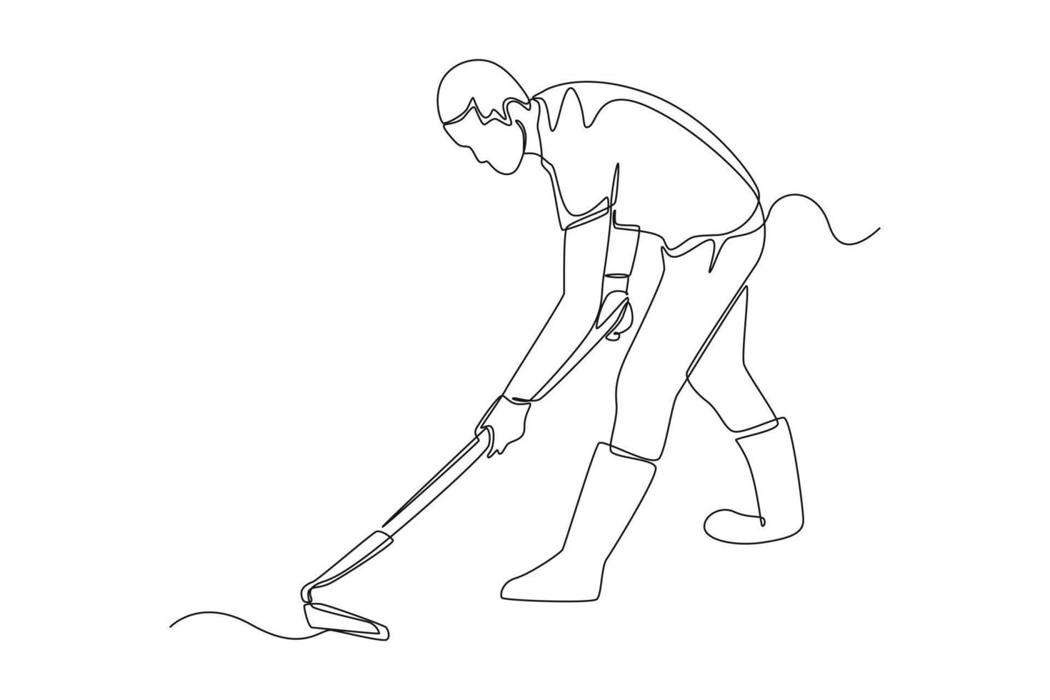 Continuous one line drawing gardener working soil with hoe in garden. Farmer digging with hand tool. Agriculture concept. Single line draw design vector graphic illustration.