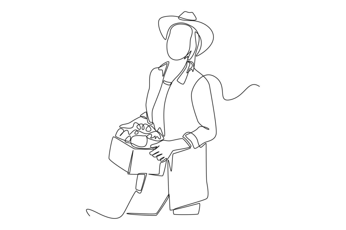 Continuous one line drawing happy woman farmer bring boxes of fruits and vegetables harvested. Agriculture concept. Single line draw design vector graphic illustration.