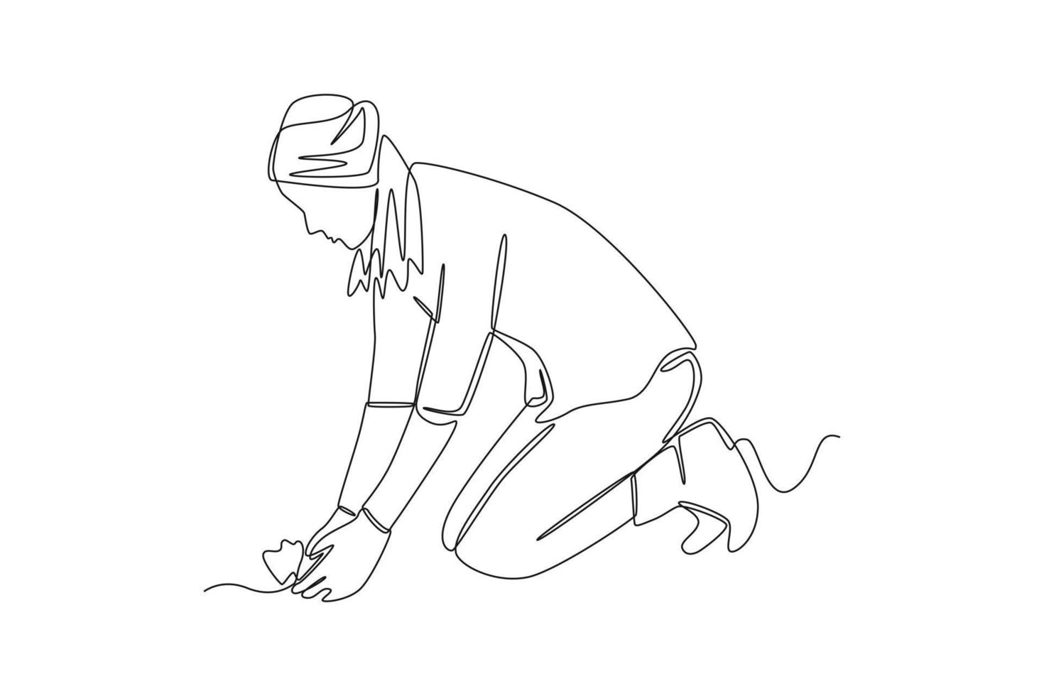 Continuous one line drawing Woman farmer planting plant shoots in the ground. Agriculture concept. Single line draw design vector graphic illustration.