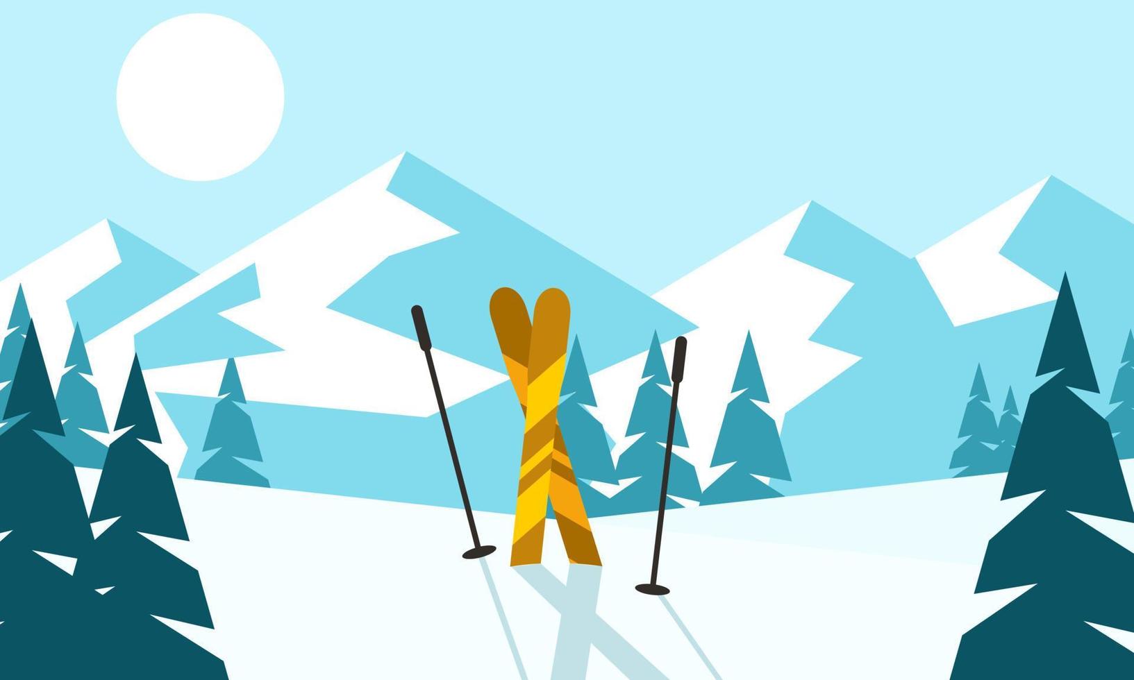 Skis in the snow landscape background vector