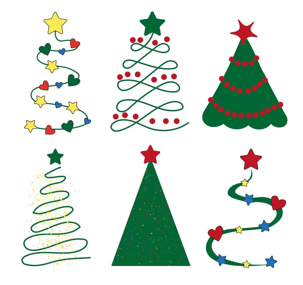 Set of Christmas trees icons and stickers. Abstract Christmas trees with Christmas toys. vector