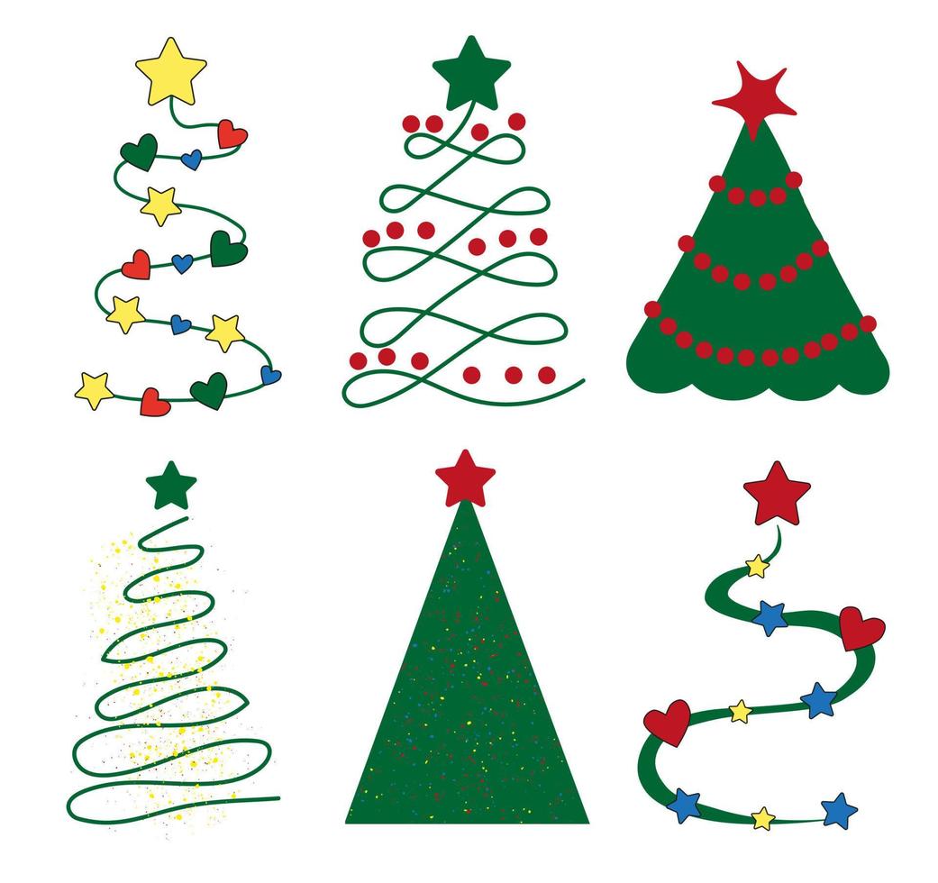 conjunto de iconos y pegatinas de árboles de Navidad. árboles de navidad abstractos con juguetes de navidad. vector