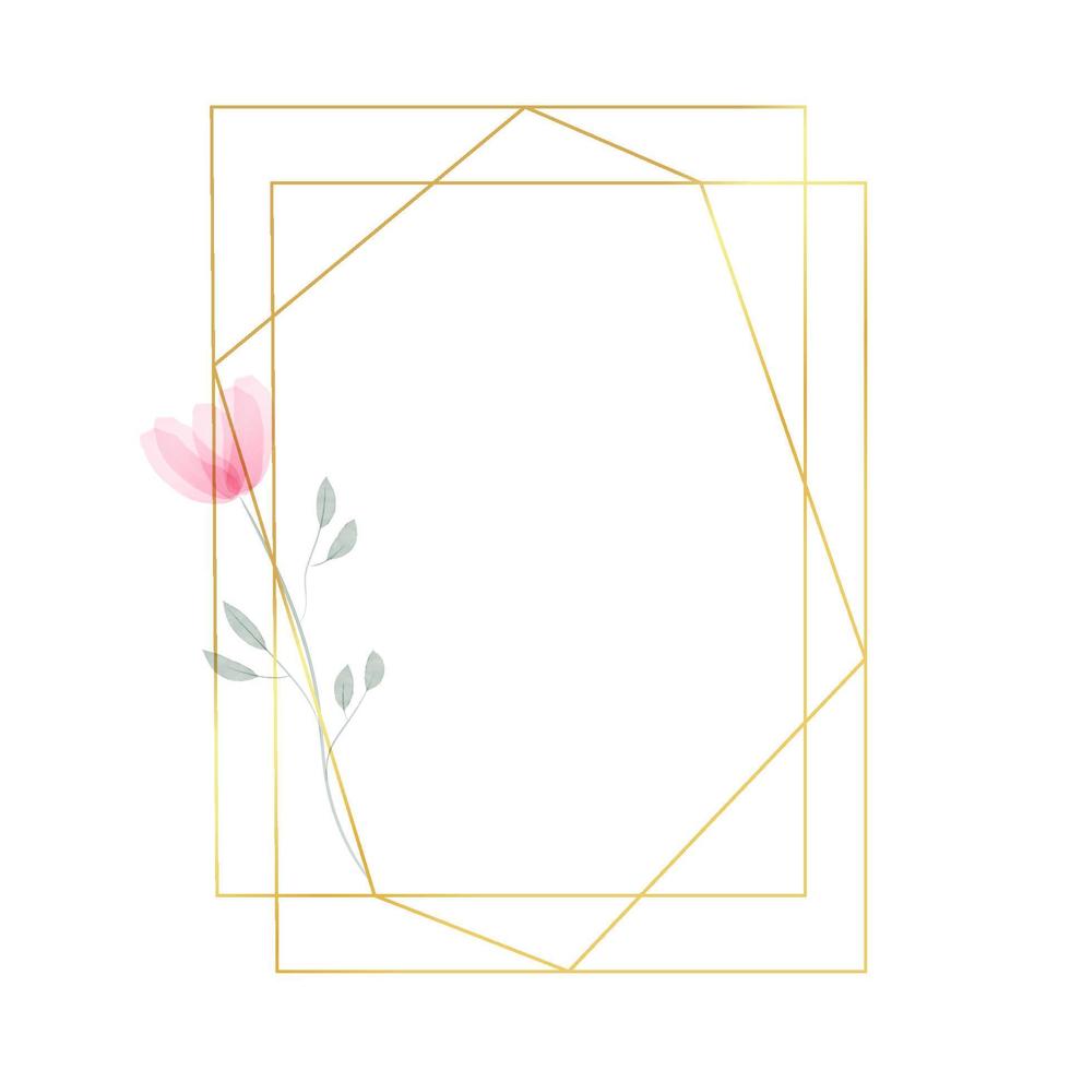 marco geométrico dorado con flor en estilo acuarela. marco poligonal de lujo para la decoración del día de san valentín, invitaciones de boda, tarjetas de felicitación. ilustración vectorial aislado sobre fondo blanco vector