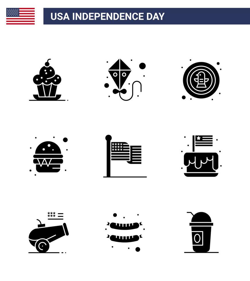 4th July USA Happy Independence Day Icon Symbols Group of 9 Modern Solid Glyphs of american food american fast badge Editable USA Day Vector Design Elements