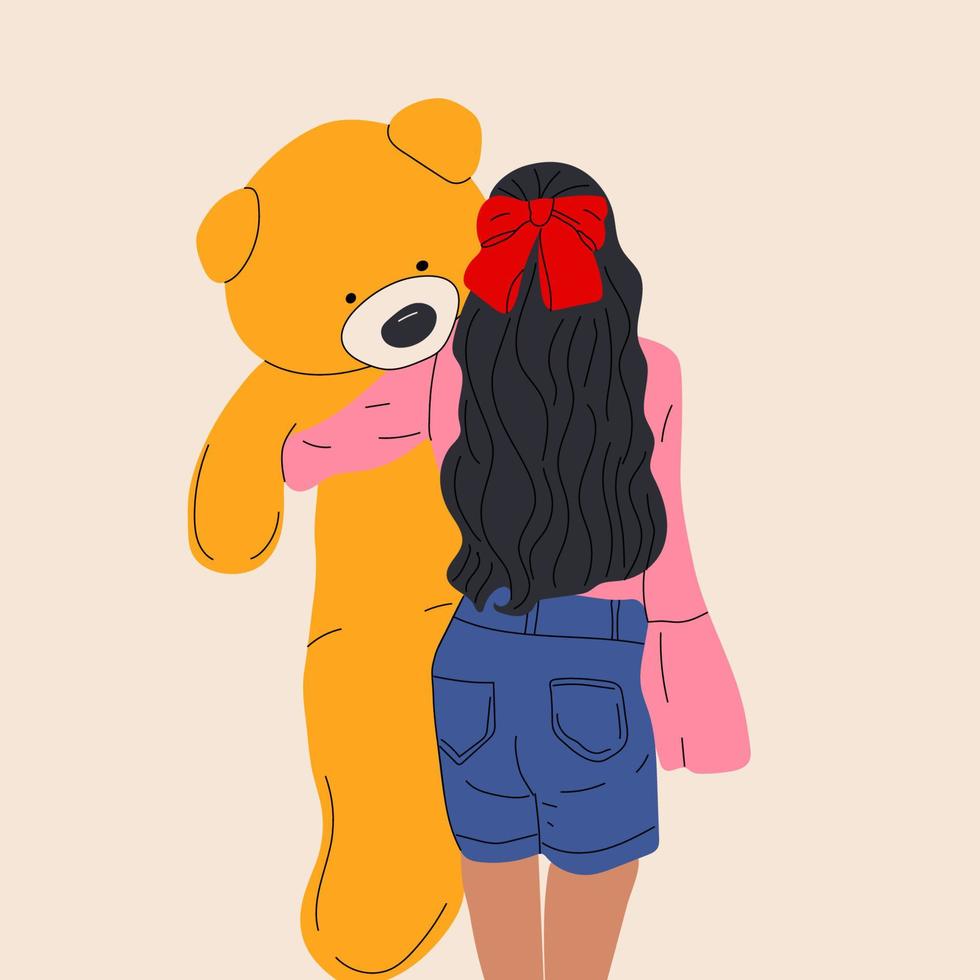Pretty woman hug a giant teddy bear doll. Fashion girl illustration .Love, Valentine's Day. vector