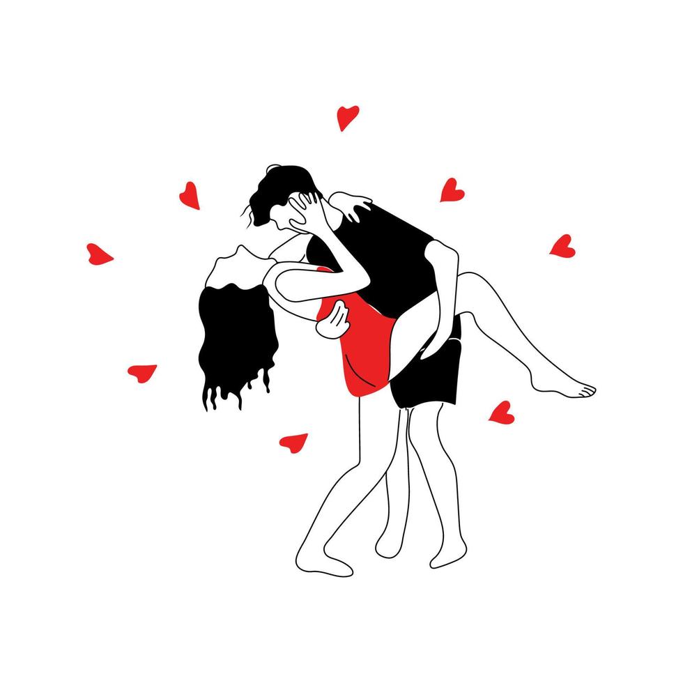 Love tenderness and romantic feelings concept. Young loving smiling couple boy and girl standing hugging each other feeling in love illustration vector