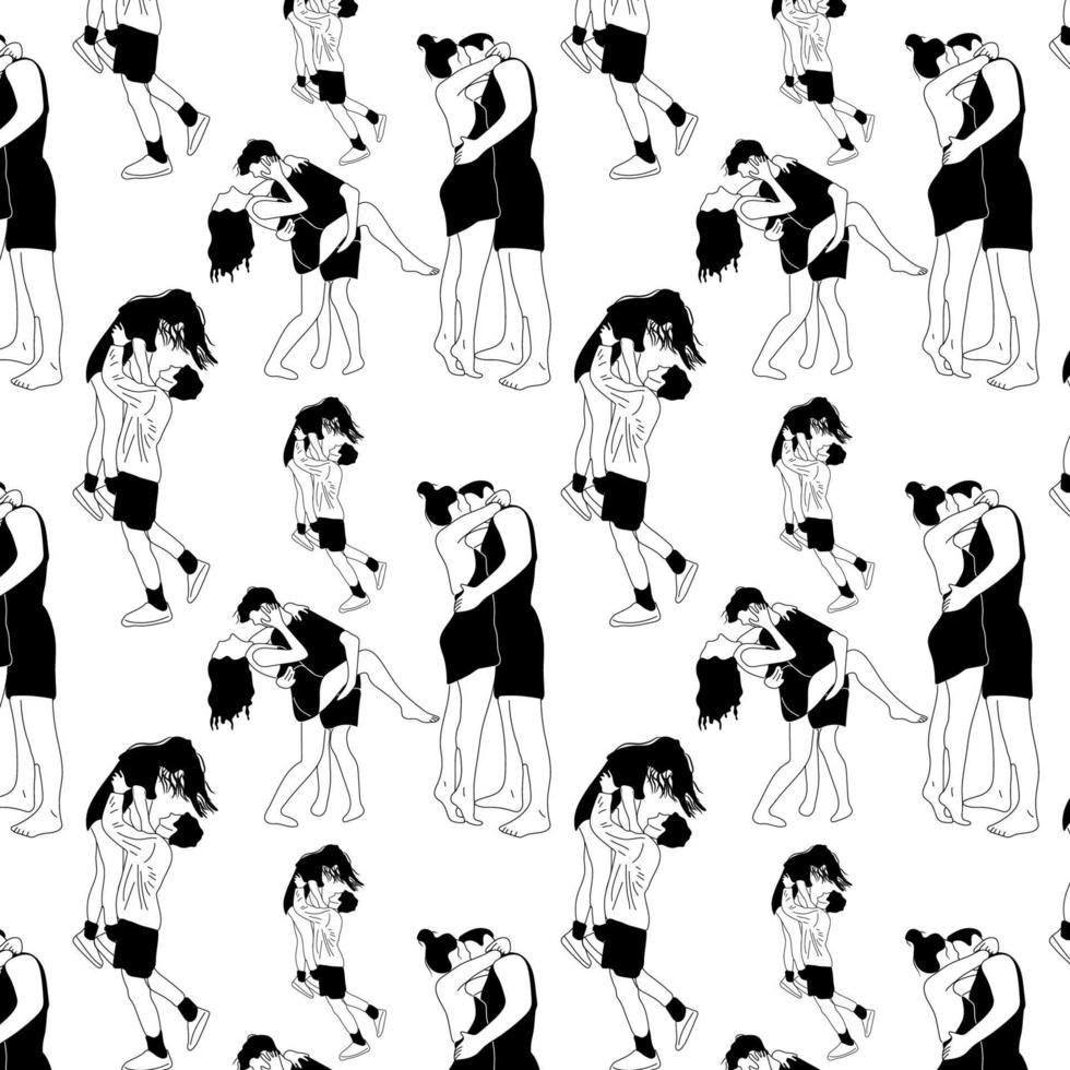 Seamless pattern with Love tenderness and romantic feelings concept. Young loving smiling couple boy and girl standing hugging each other feeling in love illustration vector