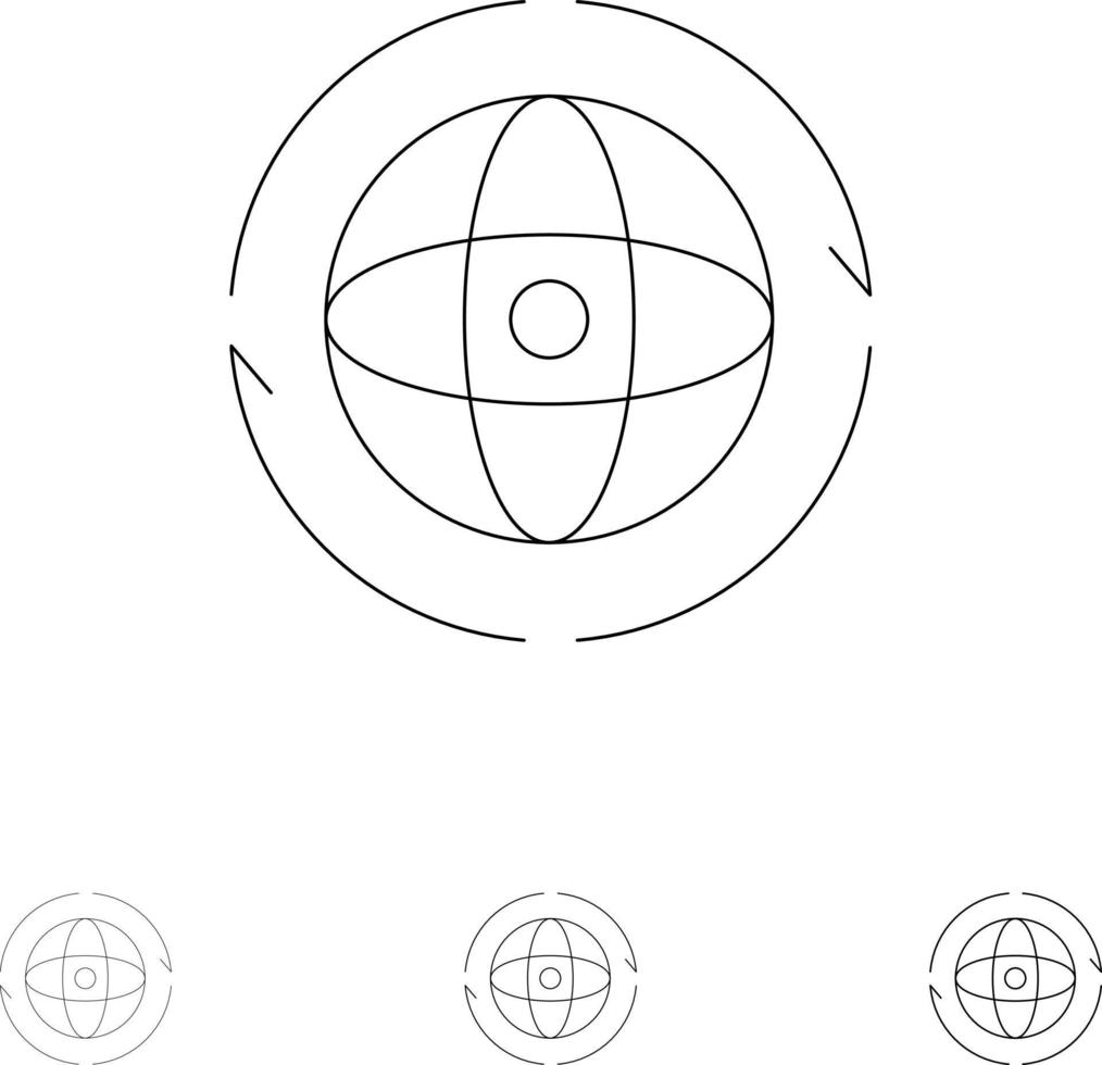 globo mundo tierra átomo conectar audaz y delgada línea negra conjunto de iconos vector