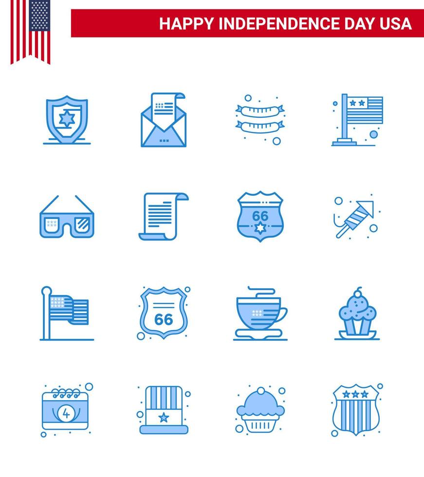 grupo de 16 azules establecidos para el día de la independencia de los estados unidos de américa, como gafas de sol americanas comida bandera de estados unidos elementos de diseño vectorial editables del día de estados unidos vector