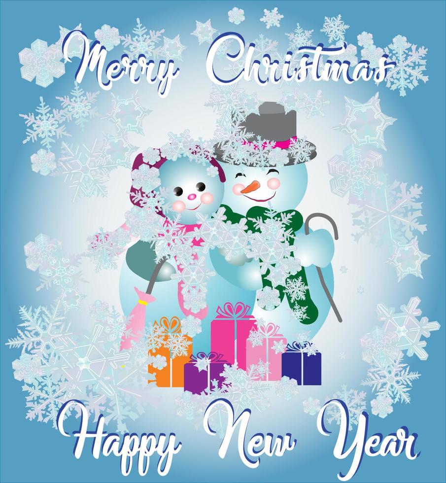 Christmas vector greeting card. A couple of snowmen with christmas gifts surounded by flying snowflakes