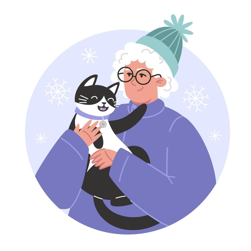 Winter portrait with senior woman and her cat in flat style vector