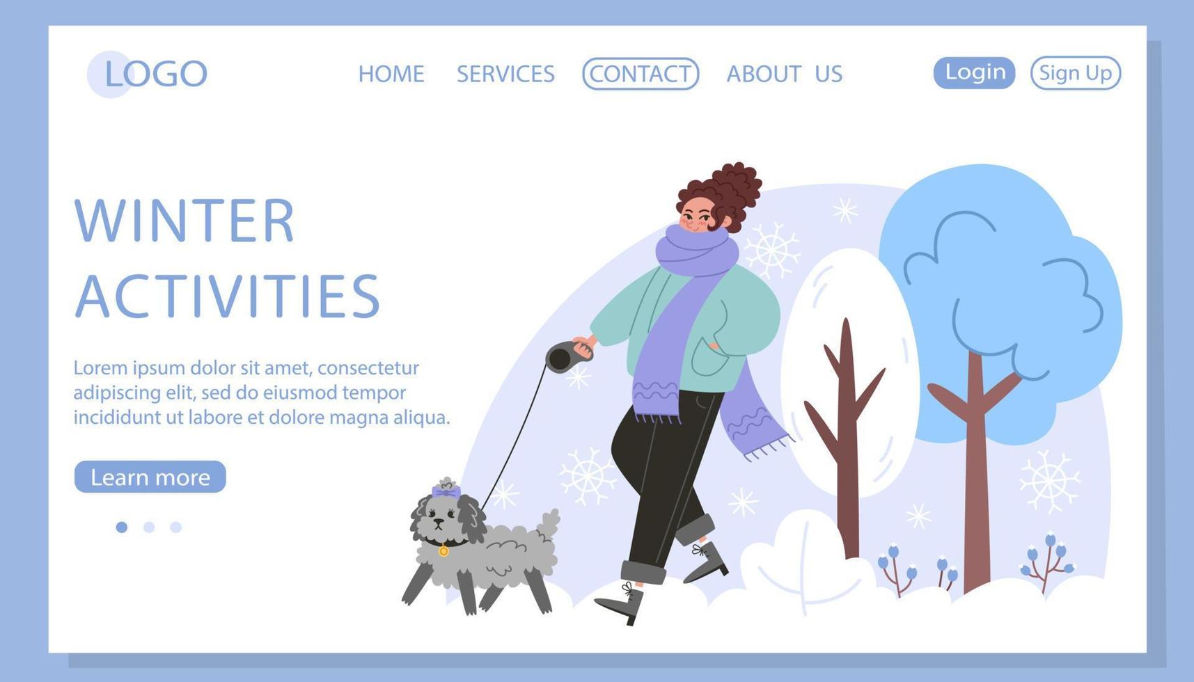Young woman walking with a small curly dog in winter forest, web page template vector