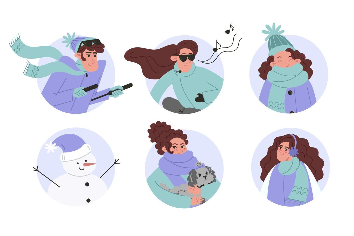 Set of people portraits in winter clothes and snowman, avatar in flat style vector