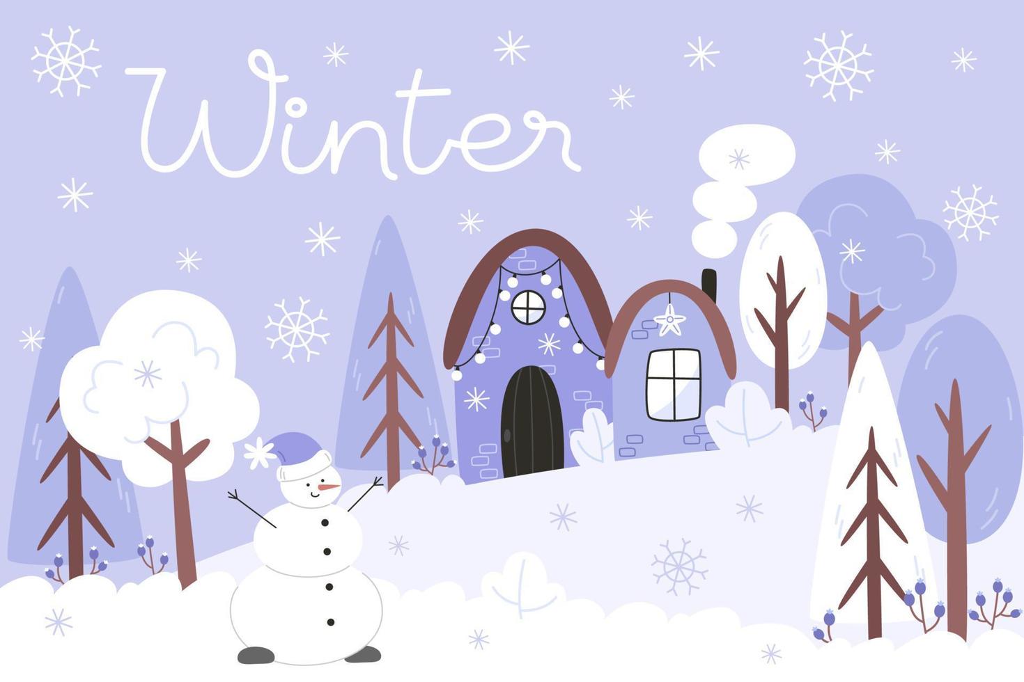 Winter landscape with a snowy forest, house and snownan in a flat style vector