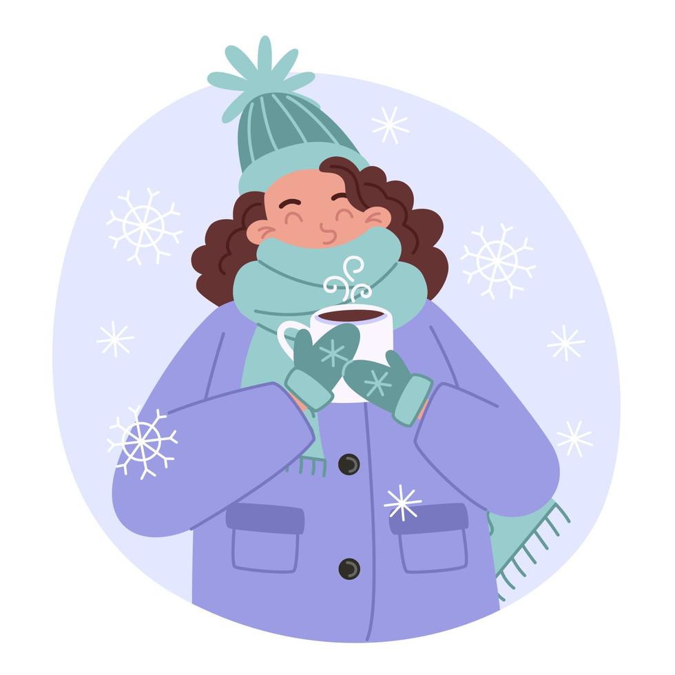 mujer joven bebiendo chocolate caliente en invierno en un estilo plano vector