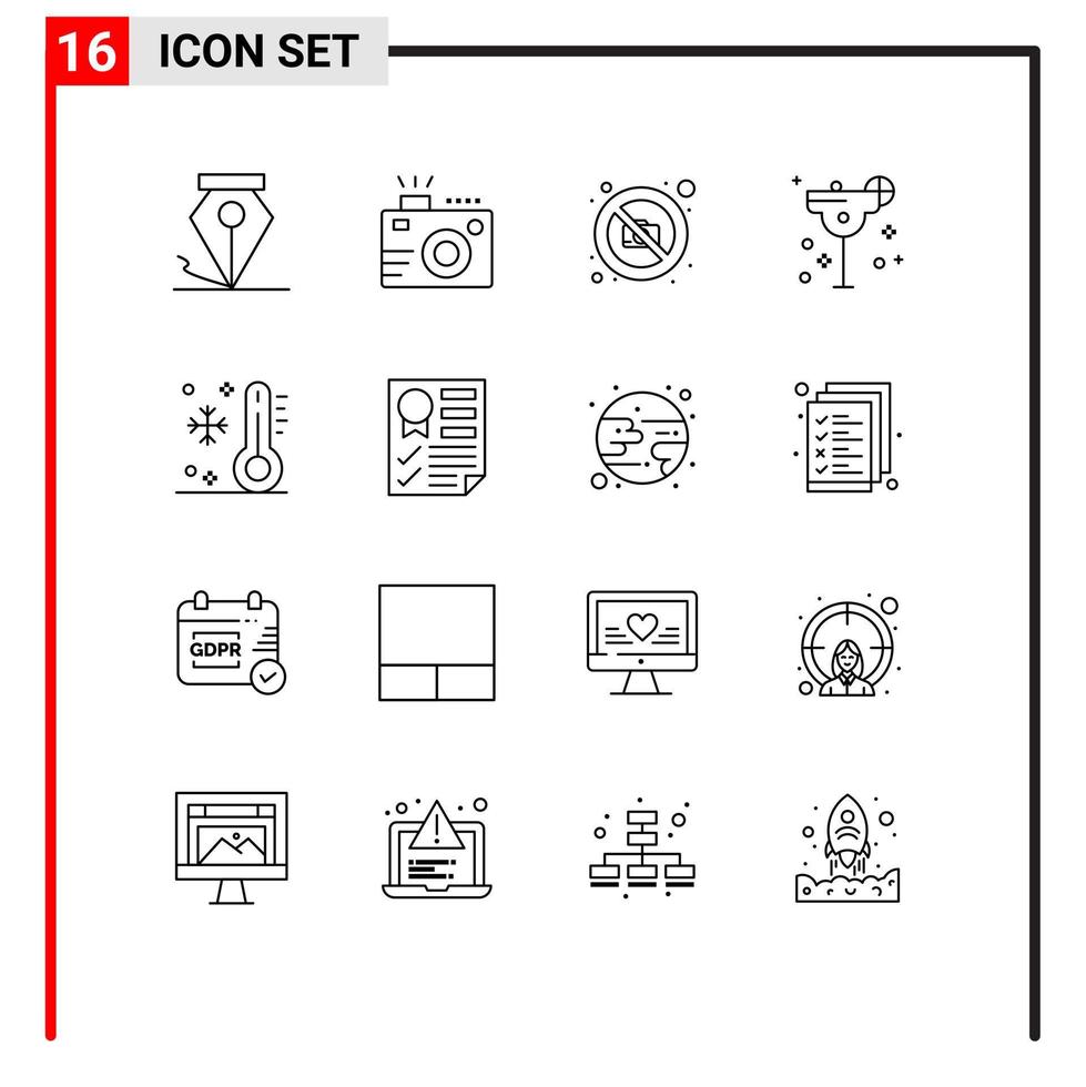 conjunto de esquema de interfaz móvil de 16 pictogramas de elementos de diseño vectorial editables de cóctel de cal de cámara margarita baja vector